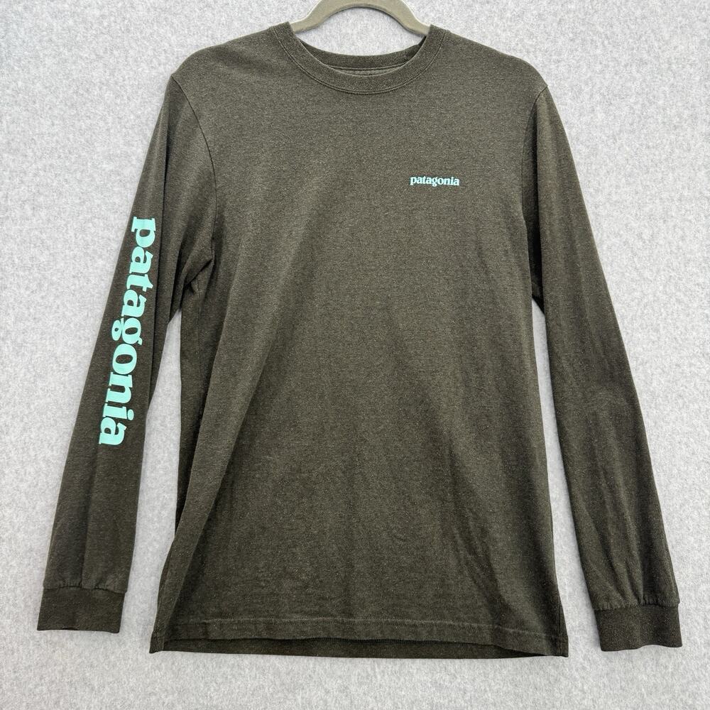 Patagonia Men's Long Sleeve Text Logo T-Shirt Sz S Green Regular Fit Crew Neck